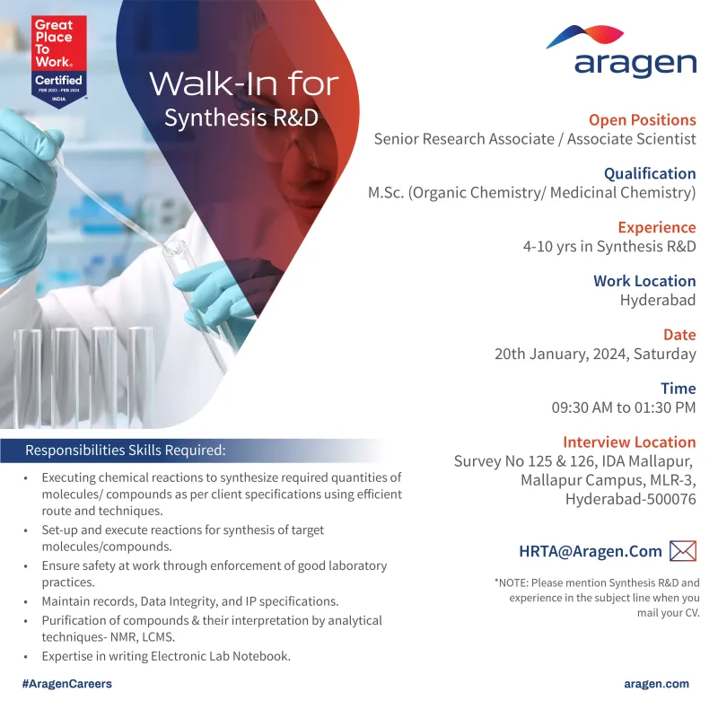 Aragen Life Sciences - Walk-In Interviews on 20th Jan 2024